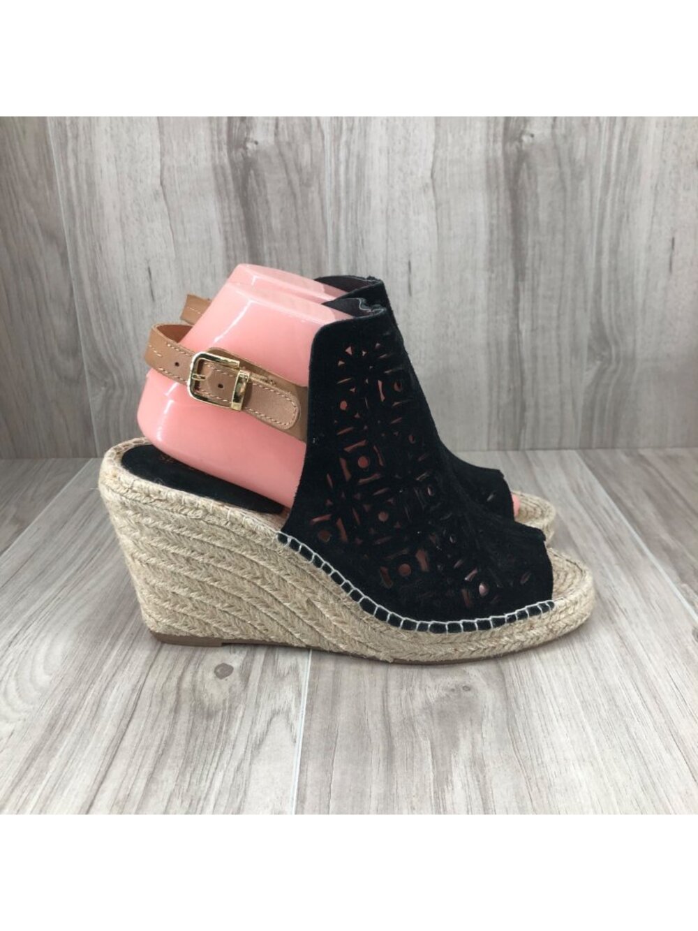 Seychelles Wedge Sandals Womens 8.5 Black Suede Buckle Stap Espadrille Shoes